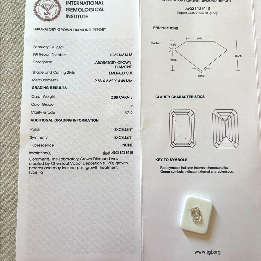 Certified 2.88ct Emerald Cut VS2  LGD